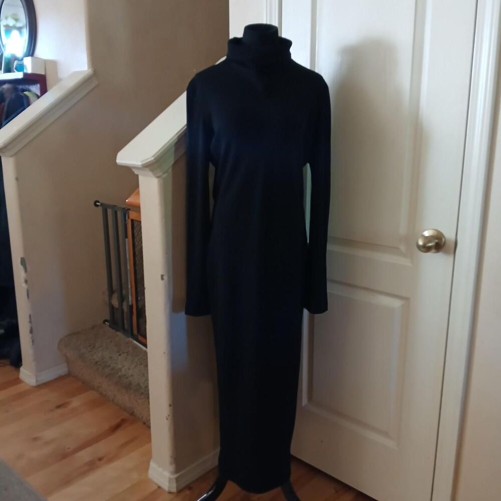 Donna Karan New York Mock Neck Black Long Sleeve Maxi Dress Old Money Luxury